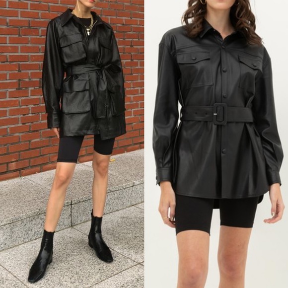 FAUX LEATHER BELTED SHACKET - BLACK - Picture 2 of 9